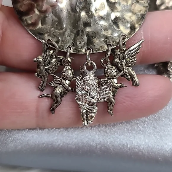 Earrings Retro 80's Tarnished Silver Tone Statement Angel Fringe Eclectic Unique - Picture 3 of 5